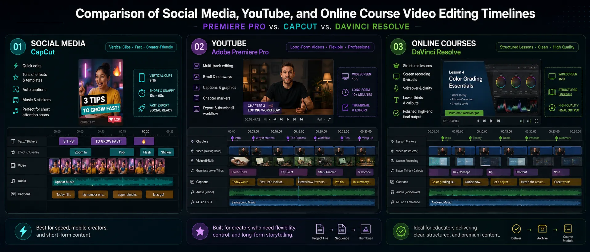 Comparison of social media, YouTube, and online course video editing timelines in Premiere Pro, CapCut, and DaVinci Resolve