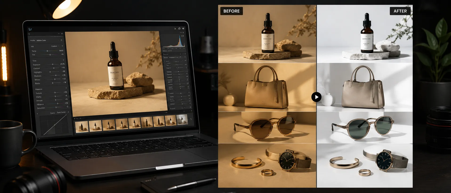 Before and after Lightroom edits showing brighter exposure cleaner white balance and consistent product photo styling for an online store