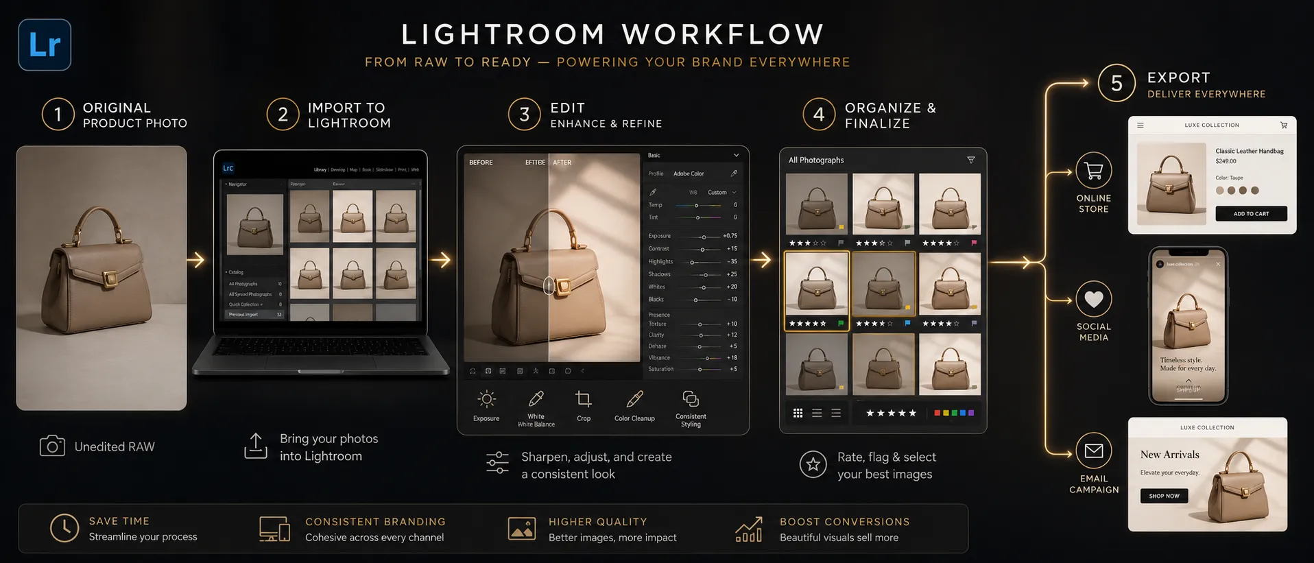 Workflow diagram showing Lightroom editing steps from original product photo to export for online store social media and email campaign