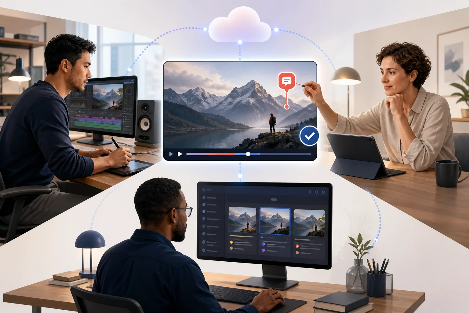 Creator, project manager, and external reviewer collaborating on one shared media asset