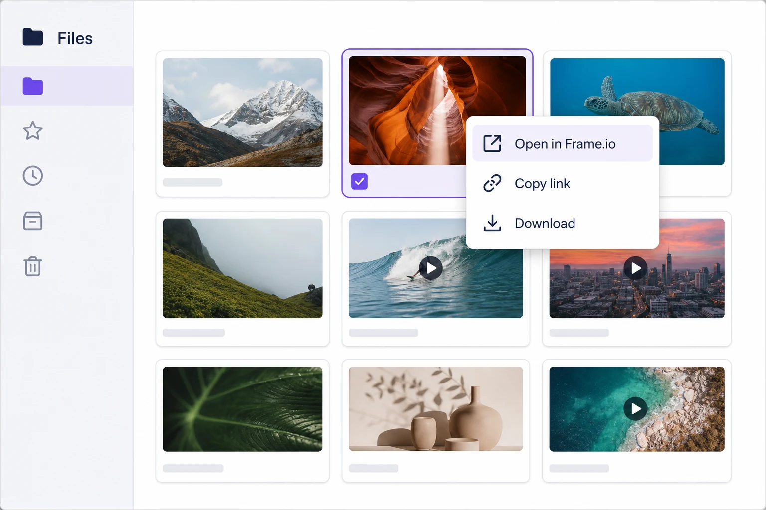 Conceptual Creative Cloud Files menu with Open in Frame.io, Copy link, and Download actions