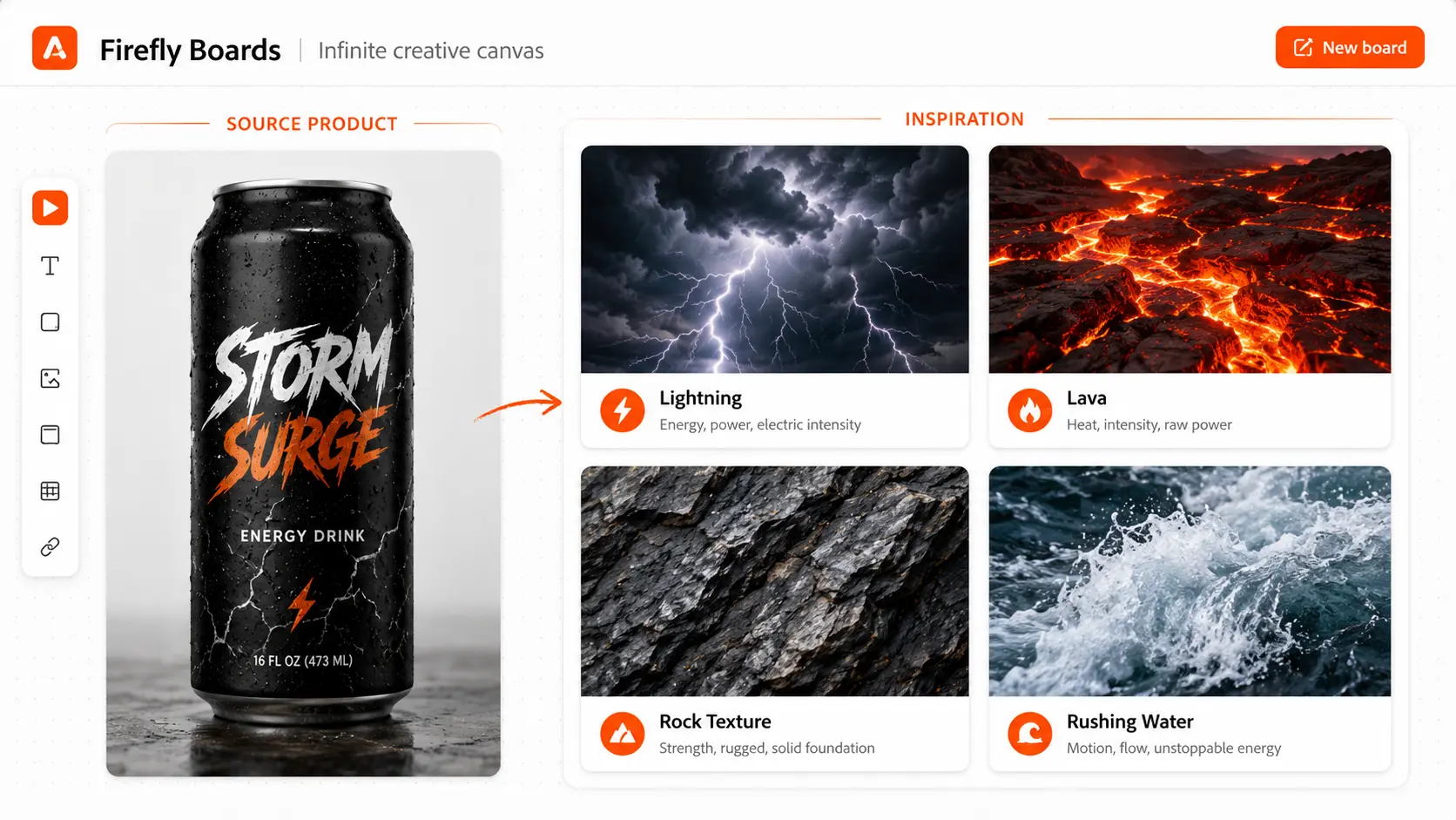 Firefly Boards inspiration section with product image and references for lightning lava rock texture and rushing water