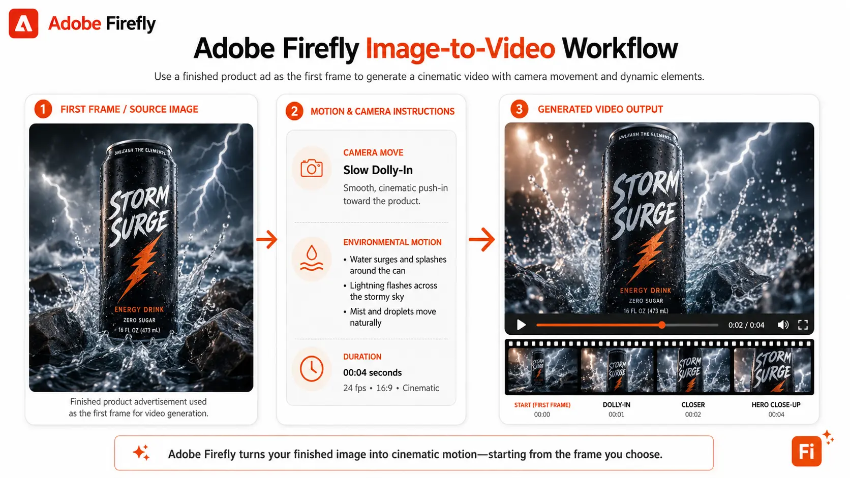 Adobe Firefly image-to-video workflow using a finished energy drink advertisement as the first frame for a cinematic camera move