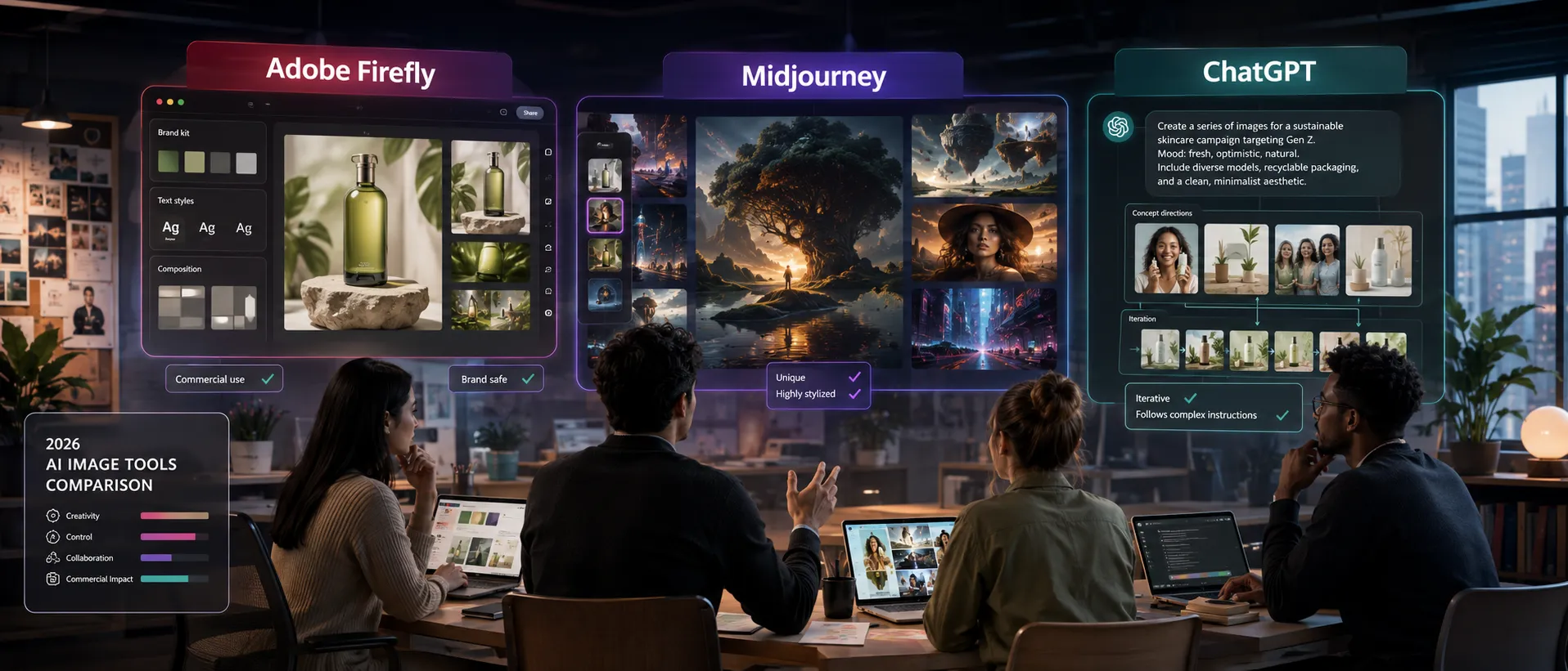 AI image tools comparison in 2026 showing Adobe Firefly, Midjourney, and ChatGPT in a modern creative studio workflow for marketers, designers, agencies, and content teams evaluating brand-safe, editable, and commercially practical image generation platforms.