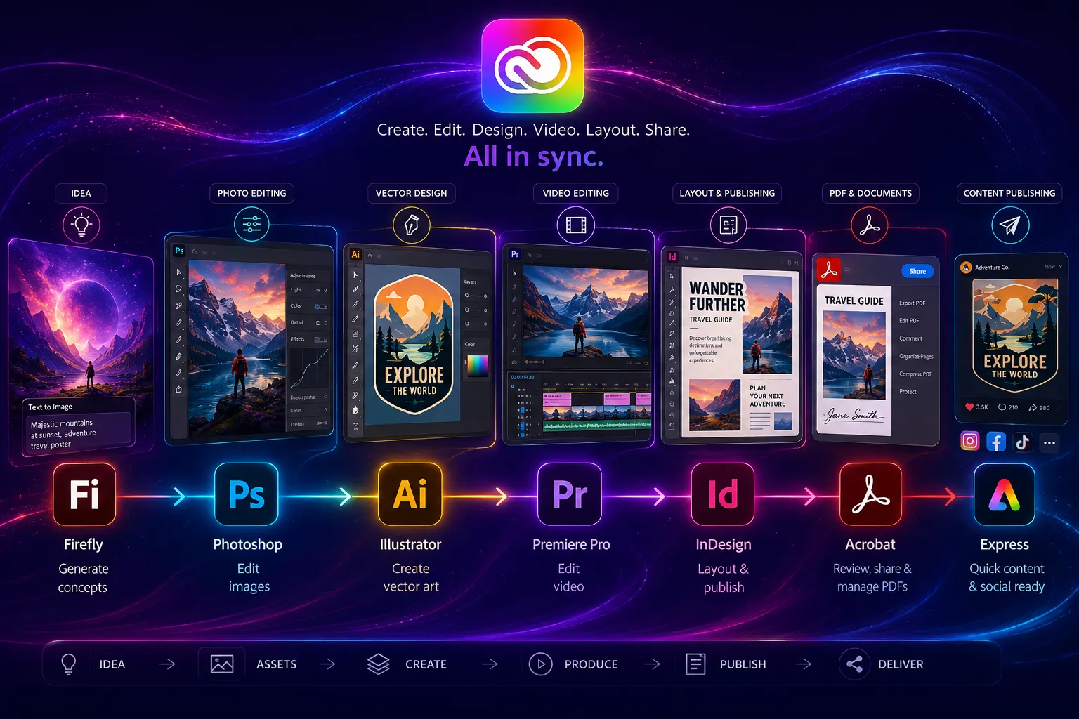 Small business product launch workflow using Lightroom Photoshop Illustrator Adobe Express Premiere Pro After Effects and Acrobat
