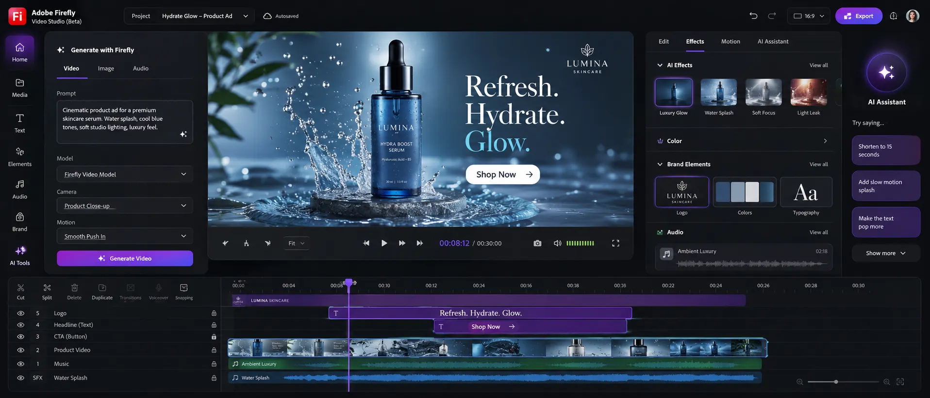 Adobe Firefly video editor timeline with a generated product clip, headline, call to action, logo, and audio layers