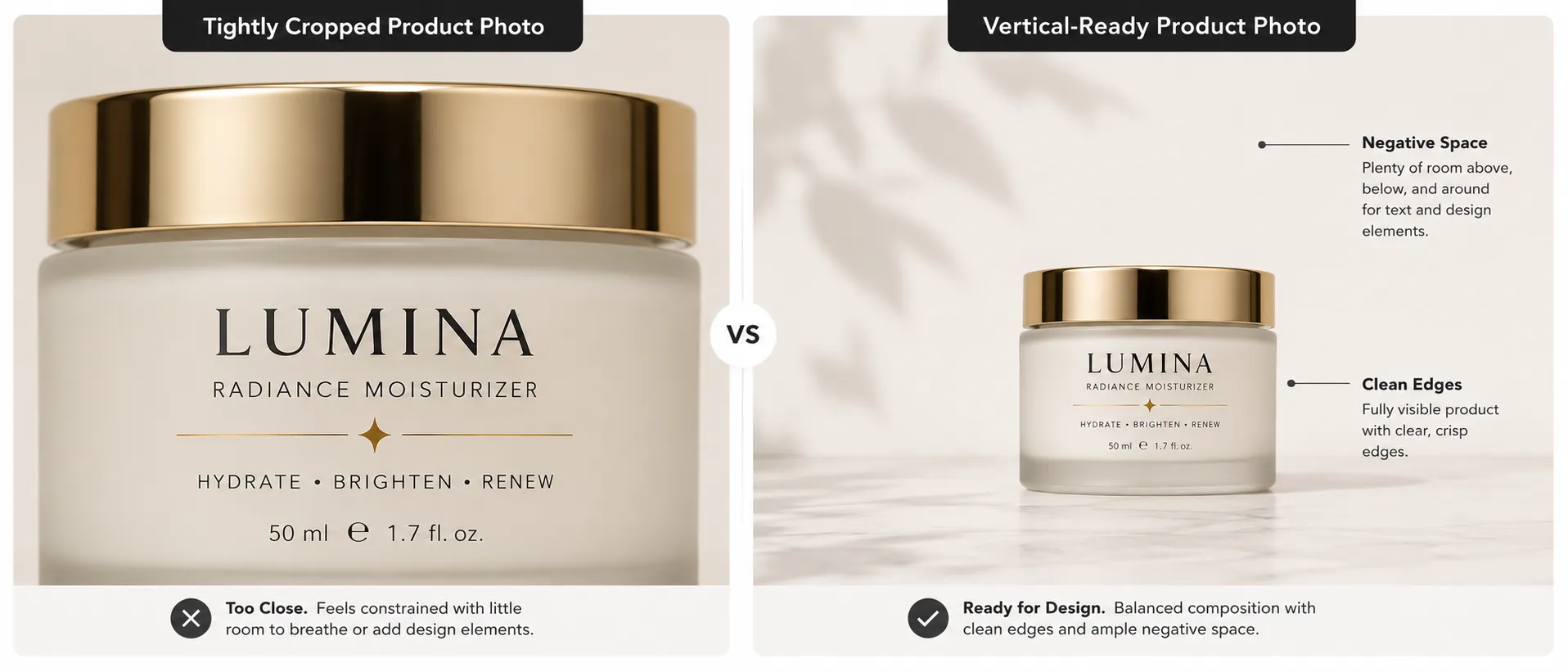 Comparison of a tightly cropped product photo and a vertical-ready product photo with clean edges and negative space