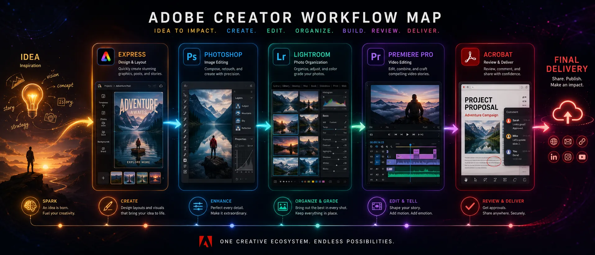 Adobe creator workflow map showing Express, Photoshop, Lightroom, Premiere Pro, and Acrobat connected from idea to final delivery