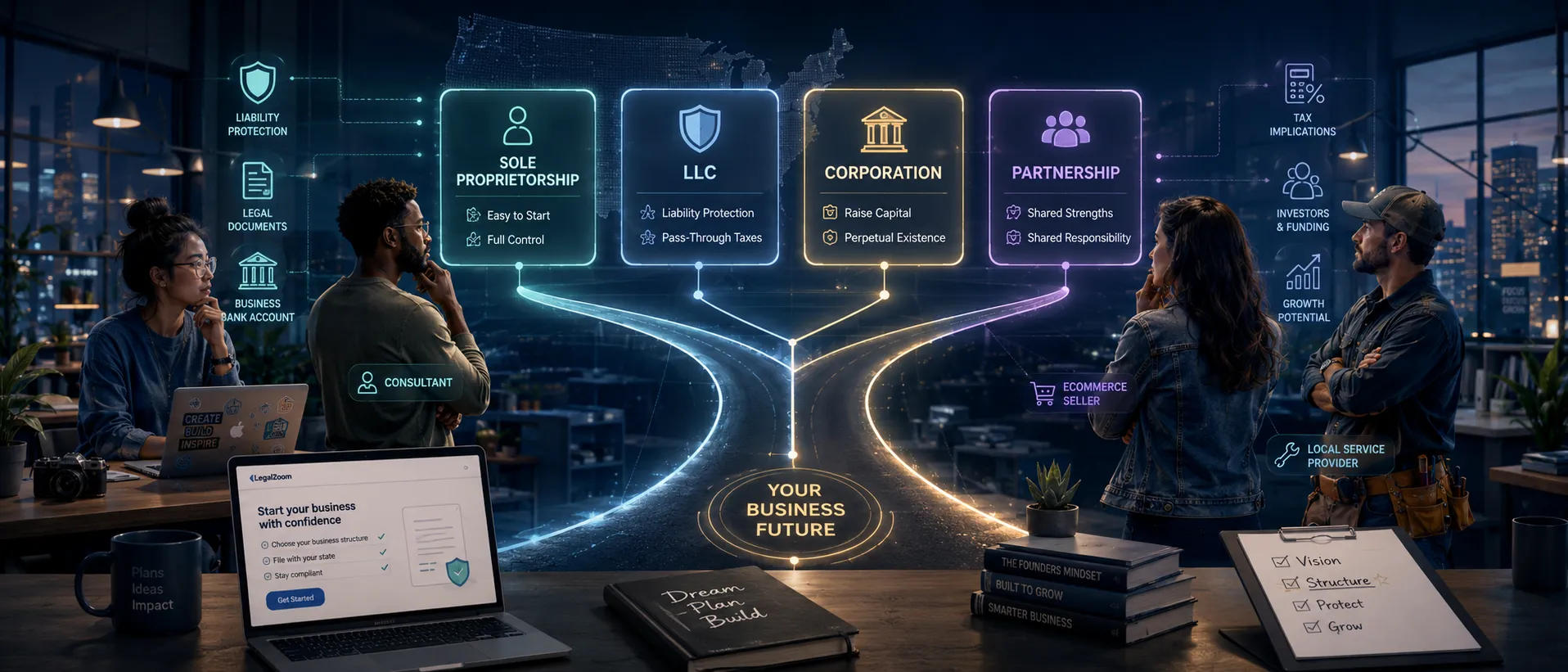 Panoramic illustration of U.S. entrepreneurs choosing a business entity, with glowing options for sole proprietorship, LLC, corporation, and partnership, highlighting taxes, liability protection, investors, legal documents, business banking, and future growth.